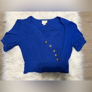 Maeve Anthropologie blue Madelyn Button Faux cropped top size 12